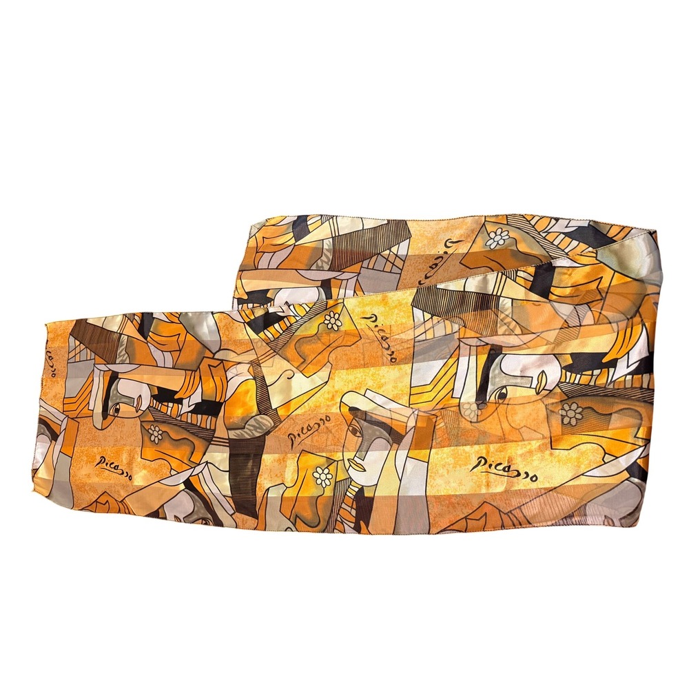 Picasso Art Scarf Cubist Portrait Print Yellow Brown Rectangular Wrap Accessory